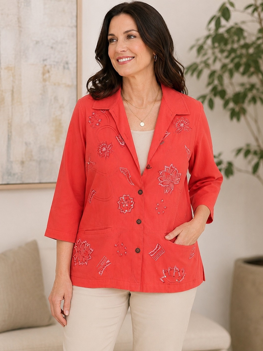 Allison Daley Coral Red Sequin Embroidered Button Jacket